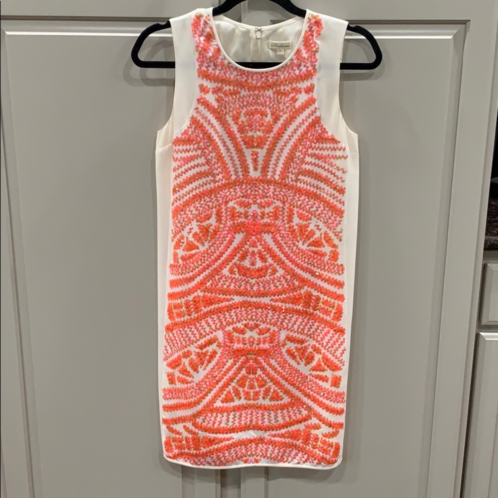 Shoshanna cocktail dress in ivory w/ pink/orange